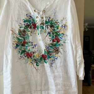 White linen shirt with hand painted Christmas Wreath